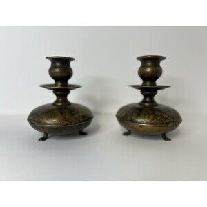 VTG Brass Chamber candlestick holders, Footed candle holders colonial revival